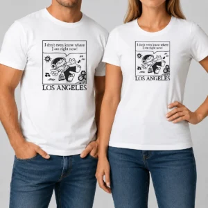 Awesome Los Angeles Cartoon Kid Floating Headphones I Don'T Even Know Where I Am t shirt featuring colorful graphic on a classic crew neck tee