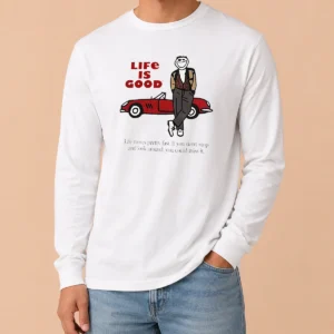 Top Ferris Bueller Life Is Good Life Moves Pretty Fast If You Do Not Stop long sleeve shirt in white with bold graphic print