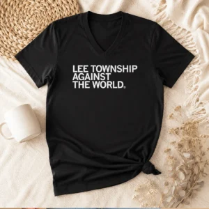 Top Lee Township Against The World Local Community V Neck Shirt in dark color showing front view with short sleeves
