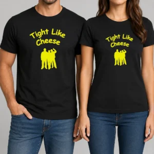 Original Workaholics Anders Blake Adam Tight Like Cheese Friendship Crew t shirt in black, front view