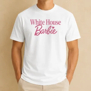 Happy White House Barbie t shirt in white cotton with colorful graphic print front view