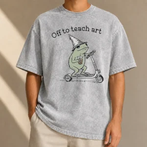 Funny Premium Frog Off To Teach Art With Iced Coffee On Scooter Washed T-Shirt