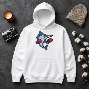 Good Miami Marlins Mascot Wearing Gloves El Caballo Pixel Style Hoodie in navy blue with pixel art mascot design