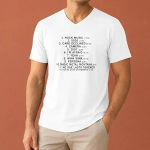 Hot Charli Rock Music SS26 Tracklist V Neck Shirt showing front design and v neck collar in white