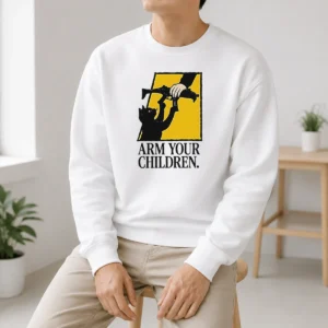 Pretty Black Cat Holding Submachine Gun And Hand Arm Your Children Sweater in black, front view with crew neck and long sleeves