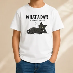 Pretty What A Day Cat It'S Been 5 Minutes Kids T Shirt featuring playful cat graphic on soft cotton fabric