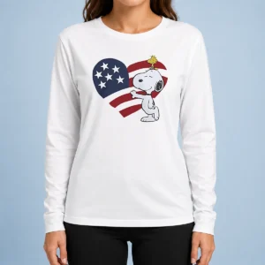 Pretty Snoopy And Woodstock American Flag Heart Long Sleeve Shirt