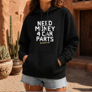 Pretty Need Money 4 Car Parts Horsepower Labs Hoodie in black, featuring bold white and red graphic text on the front