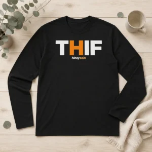 Original Nice Hineycoin THIF Long Sleeve Shirt showing front view on a white background