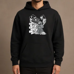 Good Y2K Streetwear Graffiti Spray Paint Character Urban Aesthetic Hoodie front view with vibrant spray paint character design