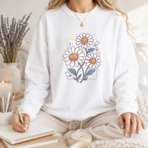 Funny With Cat Daisies Long Sleeve Shirt featuring playful cat and daisy print on comfortable long sleeves