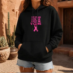Original We Stand With The Epstein Victims Pink Ribbon Hoodie in soft pink fabric with front pocket and adjustable hood