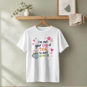 Pretty Im Not Your Cup Of Tea So Dont Drink It t shirt in classic fit, white color, front view