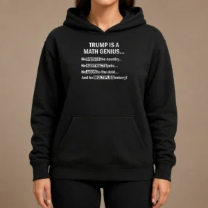 Top Trump Is A Math Genius Divides Subtracts Adds And Multiplies Political Satire Hoodie in black with front graphic print