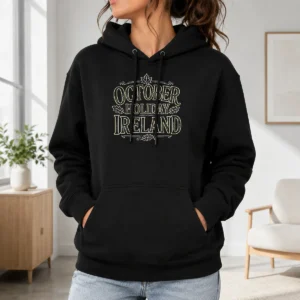 Nice October Holiday Ireland Line Art Cozy Fall Hoodie in soft fabric with front pocket and adjustable hood