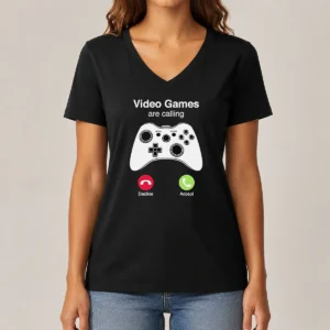 Premium Video Games Are Calling Gaming Controller Phone Screen V Neck Shirt in dark color, soft fabric, slim fit