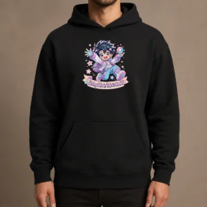 Nice Takas World Characters Kawaii Anime Passion Hoodie featuring colorful anime characters on a comfortable pullover hoodie