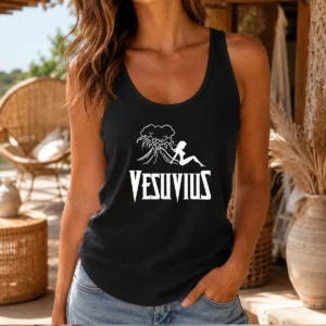 Top Vesuvius Volcano Pin Up Girl Retro Italy Tank Top in white with colorful vintage graphic