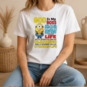 Pretty Minion God Is My Boss And Im His Employee Im Very Thankful For My Everyday Salary Called L printed on a comfortable unisex t shirt in size L
