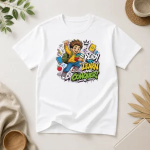 Official Excited Student Ready To Learn Back To School t shirt in white, front view on a plain background