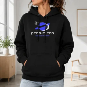 Official Perihelion Research Transport Geek Hoodie in dark grey with front pocket and drawstring hood