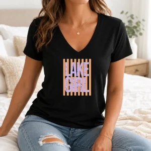 Pretty Retro Stripes Sunshine Lake Girl V-Neck Shirt