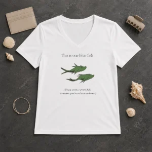 Hot Original Dr Seuss Parody One Blue Fish Two Green Fish Love Meme Yellow Graphic V-Neck Shirt