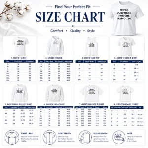 Size chart for Original We'Re Just Here For The Bad Guys Quote with measurements in inches and cm