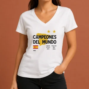 Good Spain Campeones Del Mundo 2010 South Africa And 2026 World Cup V Neck Shirt in red with championship print