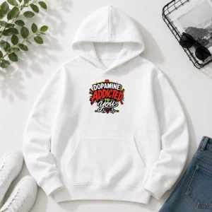 Funny Dopamine Addicted To You Bold Typography printed on a comfortable black hoodie with front pocket and drawstring hood