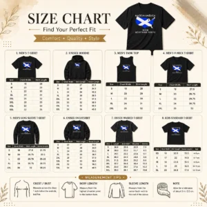 Size chart for Pretty Made In America With Scottish Parts United States Of America Scotland Heritage with measurements in inches and cm