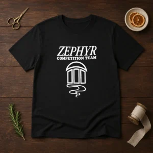 Awesome Zephyr Competition Team t shirt in black with bold white and blue logo on front