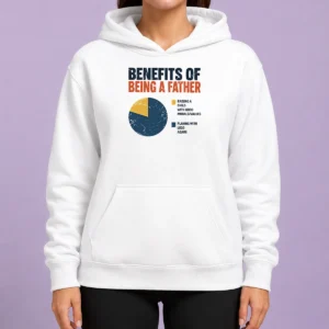Original Benefits Of Being A Father Hoodie in black, comfortable pullover with front pocket and drawstring hood