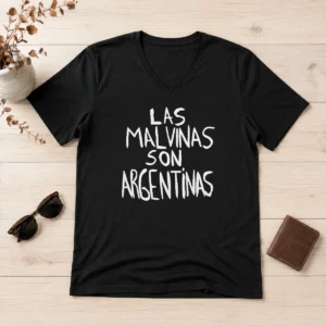 Original Las Malvinas Son Argentinas V Neck Shirt in white, front view with clear graphic print