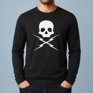 Pretty Funny Skull Crossed Lightning Bolts Long Sleeve Shirt featuring bold graphic on front in black fabric