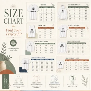 Size chart for Nice Premium Touch Me I'M Dead slogan shirt showing measurements in inches and centimeters