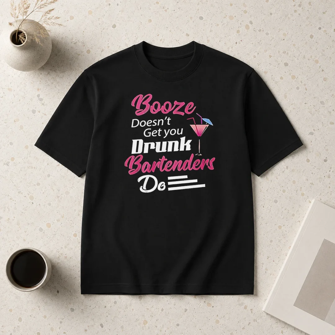 top-awesome-booze-doesn-t-get-you-drunk-bartenders-do-t-shirt Top Awesome Booze Doesn'T Get You Drunk Bartenders Do t shirt in black with bold white and red lettering