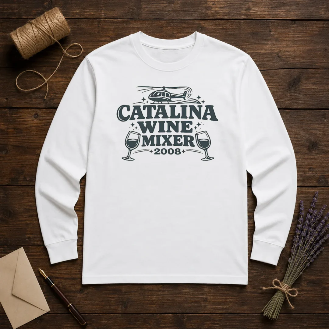 top-catalina-wine-mixer-long-sleeve-shirt Top Catalina Wine Mixer Long Sleeve Shirt in white with bold graphic print on front