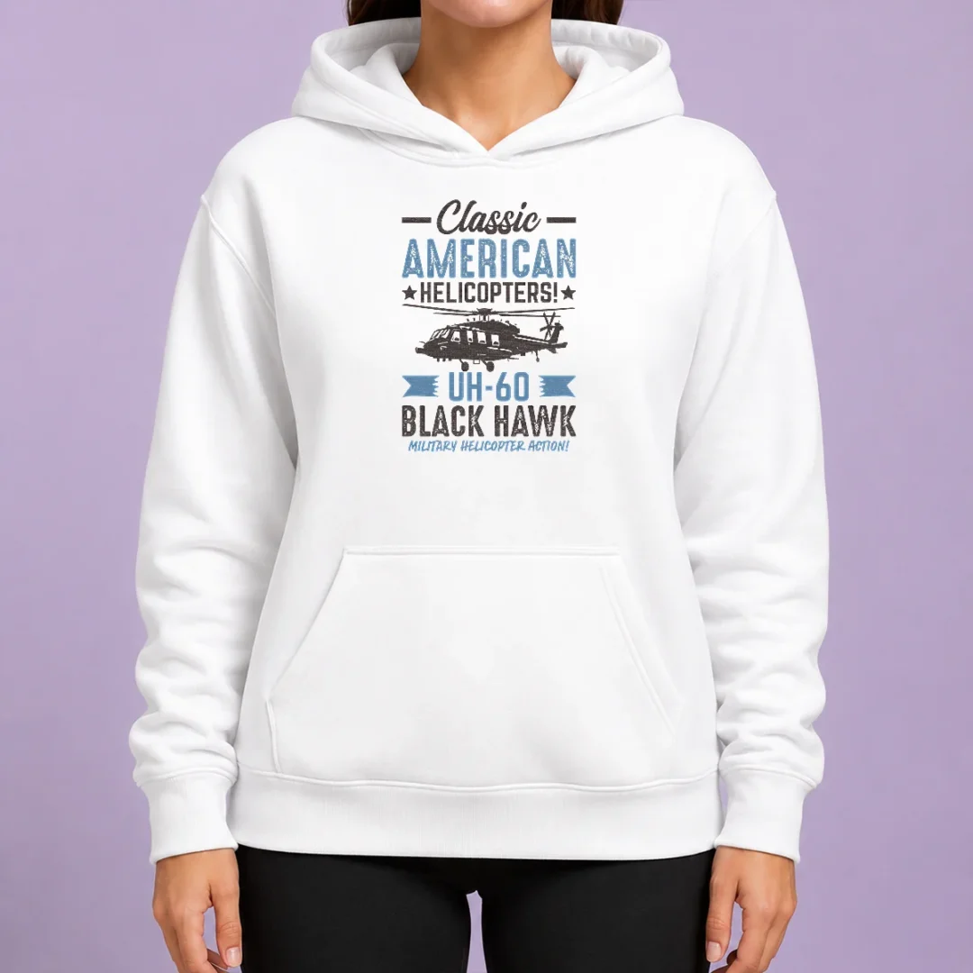 top-classic-american-uh-60-black-hawk-helicopter-hoodie Top Classic American UH 60 Black Hawk Helicopter Hoodie in black, featuring detailed helicopter graphic on front