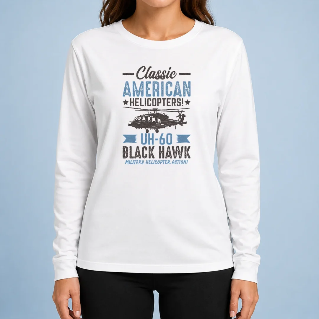 top-classic-american-uh-60-black-hawk-helicopter-long-sleeve-shirt Top Classic American UH 60 Black Hawk Helicopter long sleeve shirt in black with detailed helicopter graphic