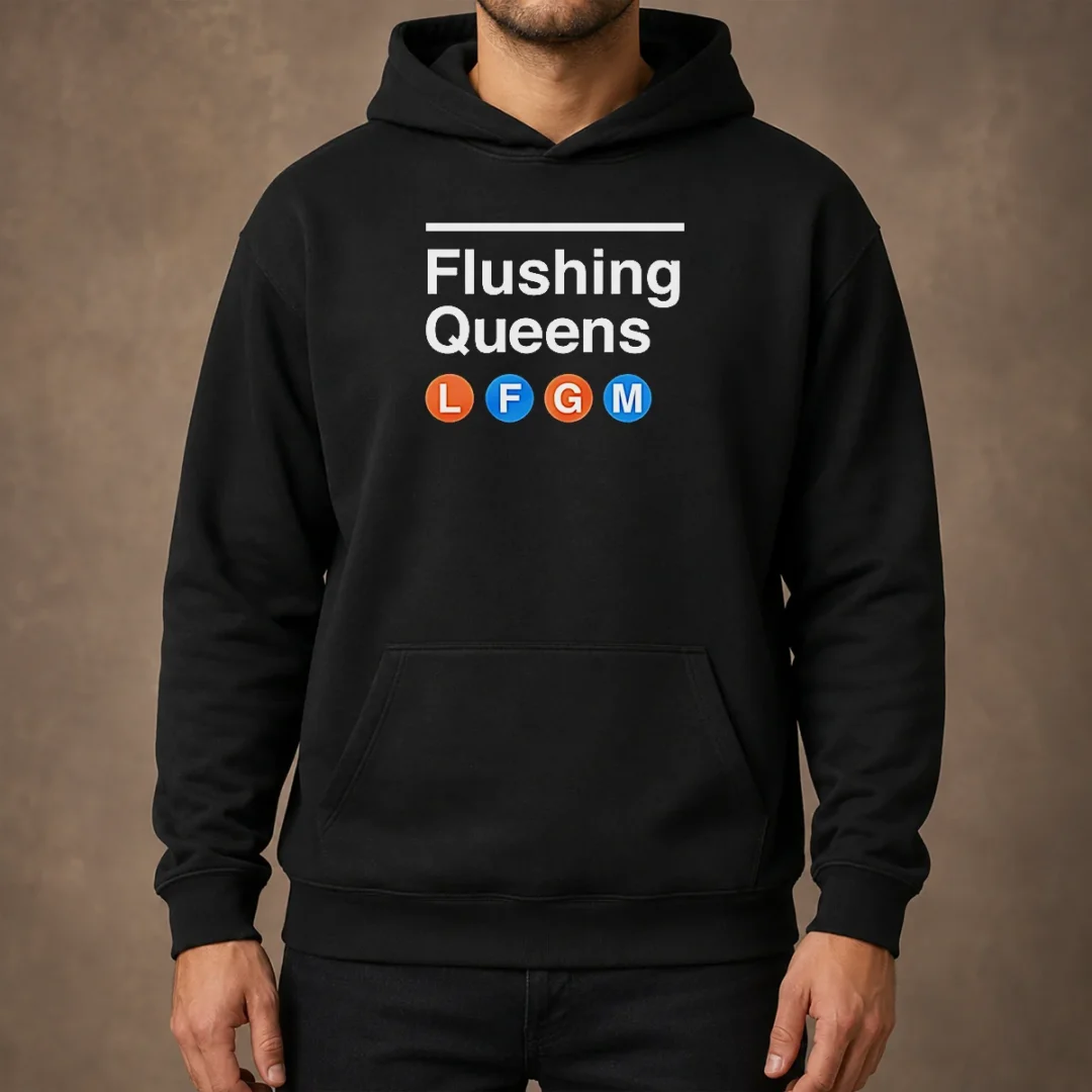 top-flushing-queens-l-f-g-m-new-york-mets-baseball-hoodie Top Flushing Queens L F G M New York Mets Baseball Hoodie in dark gray, front view with kangaroo pocket and drawstring hood