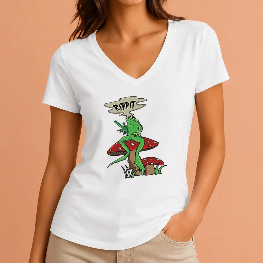 top-frog-holding-gun-rippit-v-neck-shirt Top Frog Holding Gun Rippit V-Neck Shirt