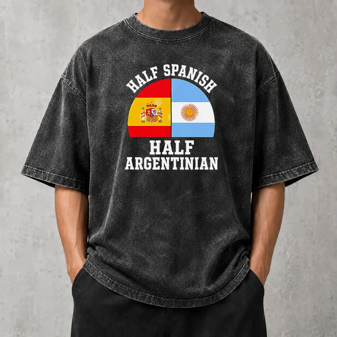 top-funny-half-spanish-half-argentinian-flags-washed-t-shirt Top Funny Half Spanish Half Argentinian Flags Washed T Shirt showing front print on soft cotton fabric