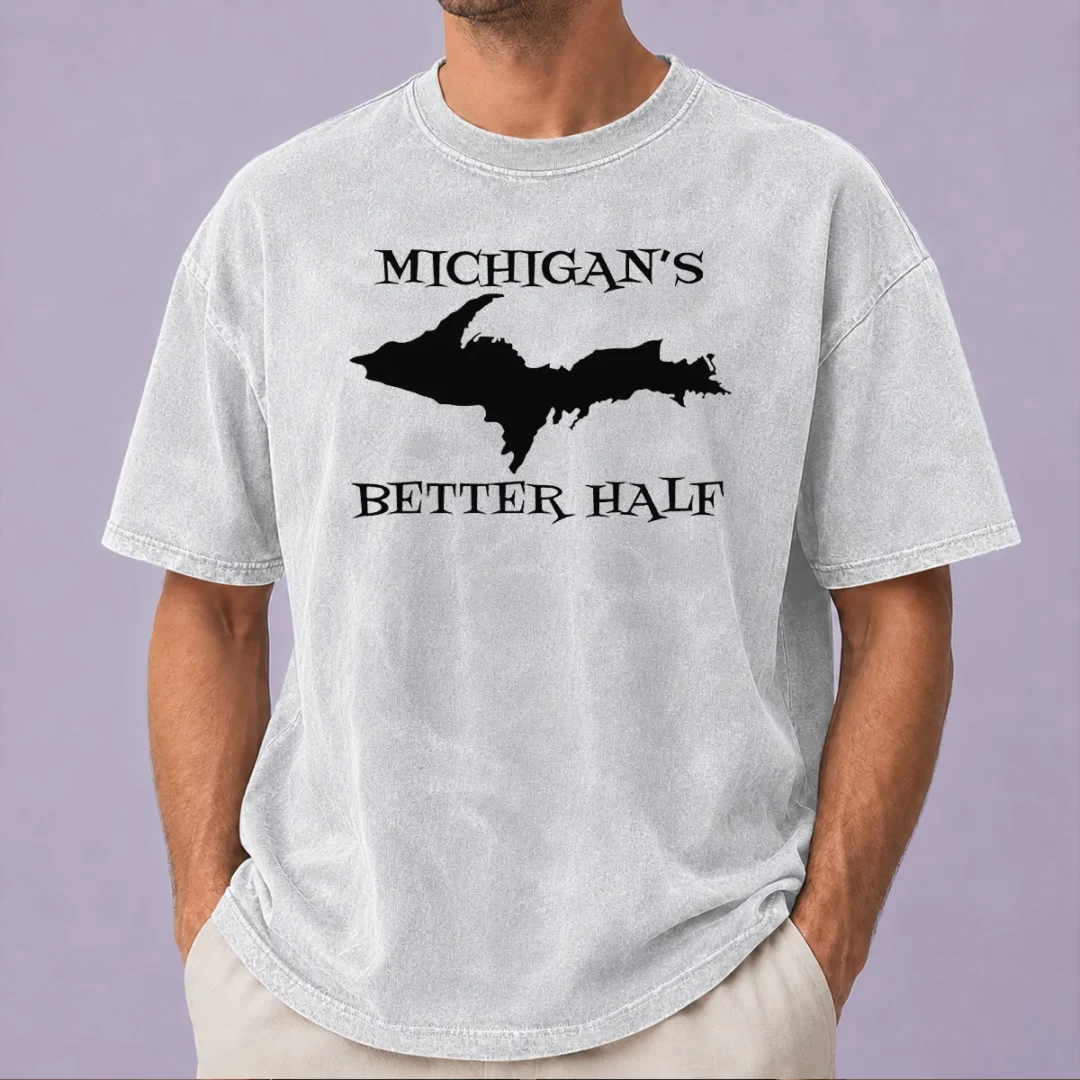 top-funny-michigan-s-better-half-upper-peninsula-map-washed-t-shirt Top Funny Michigan'S Better Half Upper Peninsula Map Washed T-Shirt