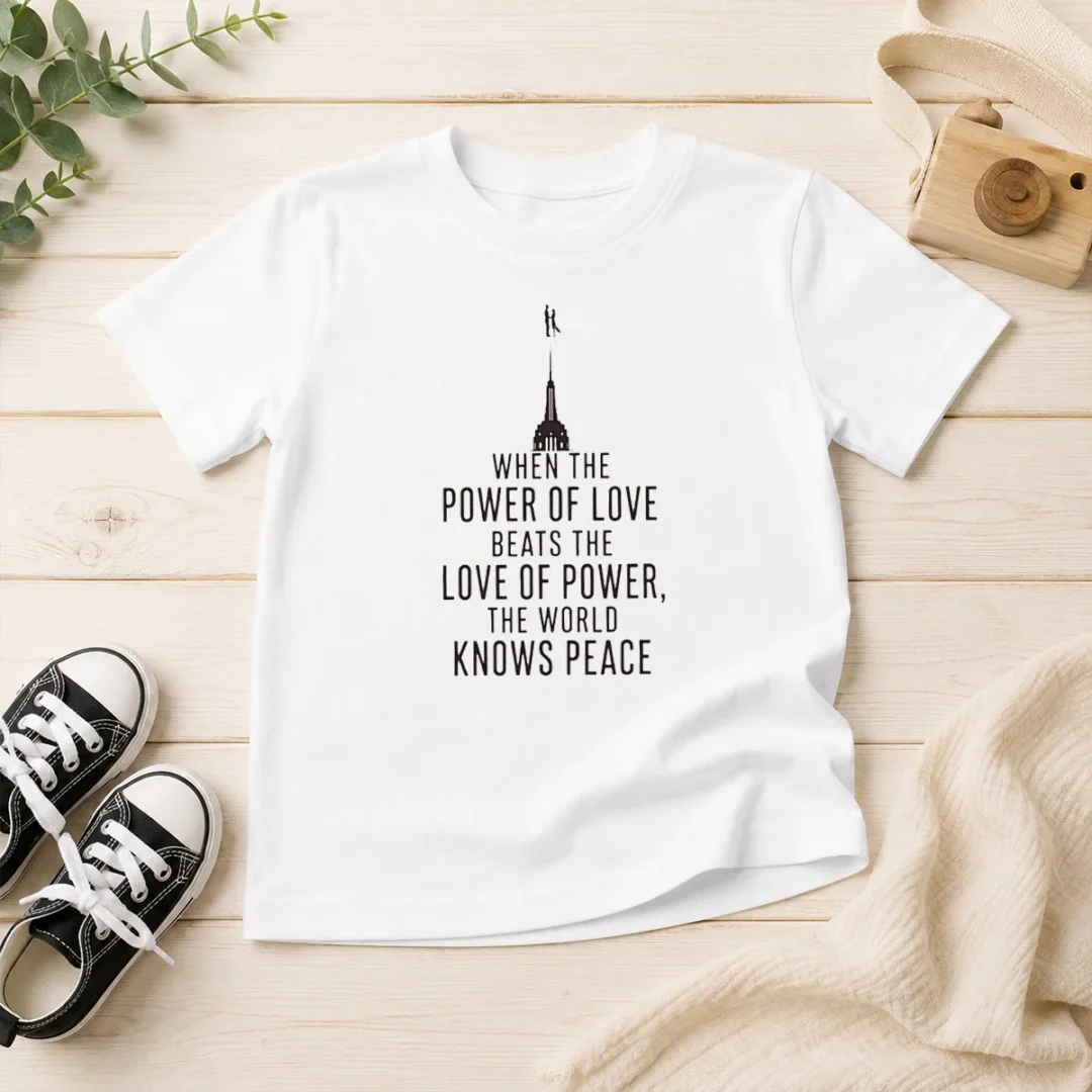 top-funny-when-the-power-of-love-beats-the-love-of-power-the-world-knows-peace-nyc-skyline-kids-t-shirt Top Funny When The Power Of Love Beats The Love Of Power The World Knows Peace NYC Skyline kids t shirt in white, front view