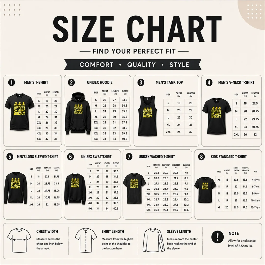 top-good-everything-is-just-ducky-size-chart Size chart for Top Good Everything Is Just Ducky with measurements in inches and cm