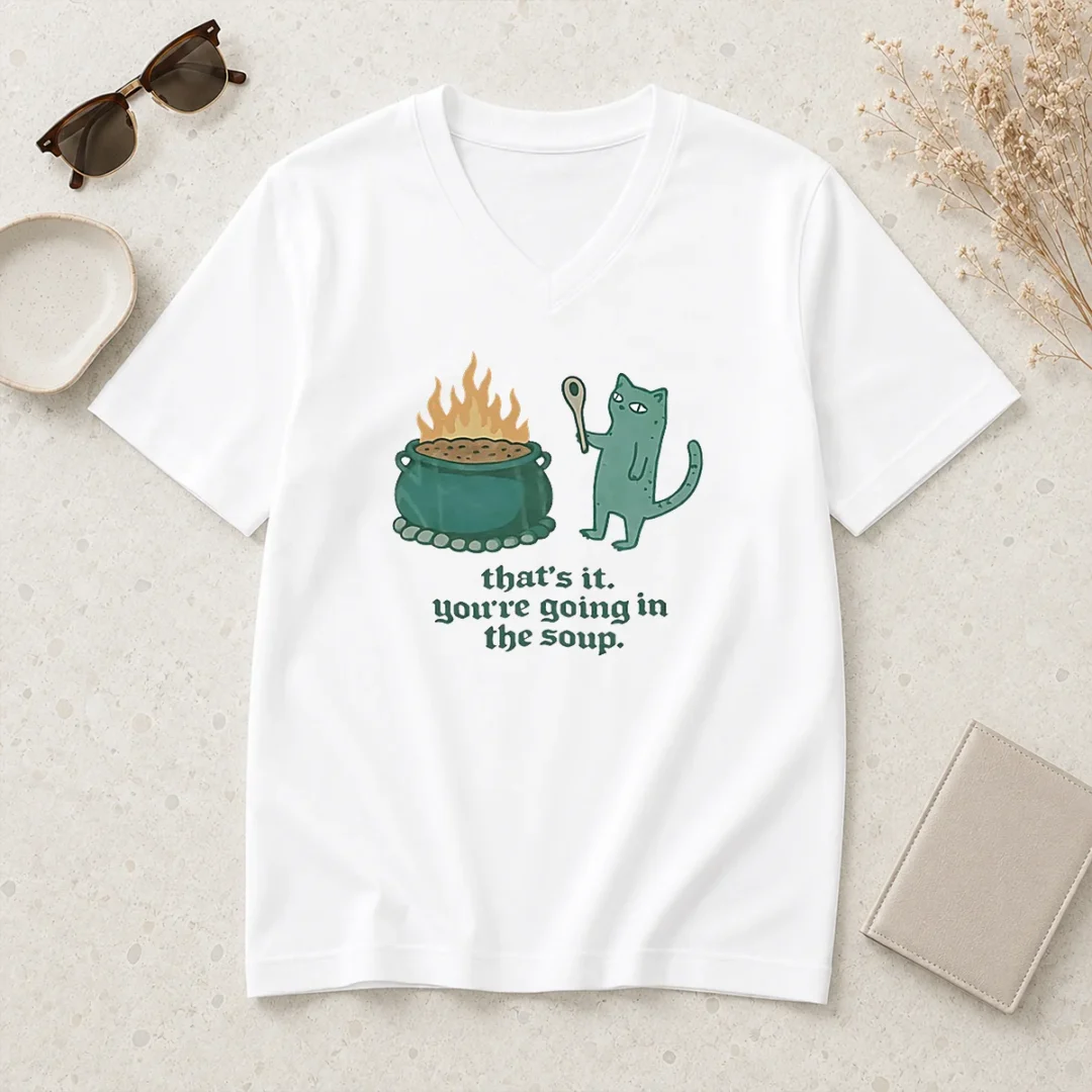 top-happy-cat-holding-spoon-next-to-cauldron-you-re-going-in-the-soup-v-neck-shirt Top Happy Cat Holding Spoon Next To Cauldron You'Re Going In The Soup V-Neck Shirt
