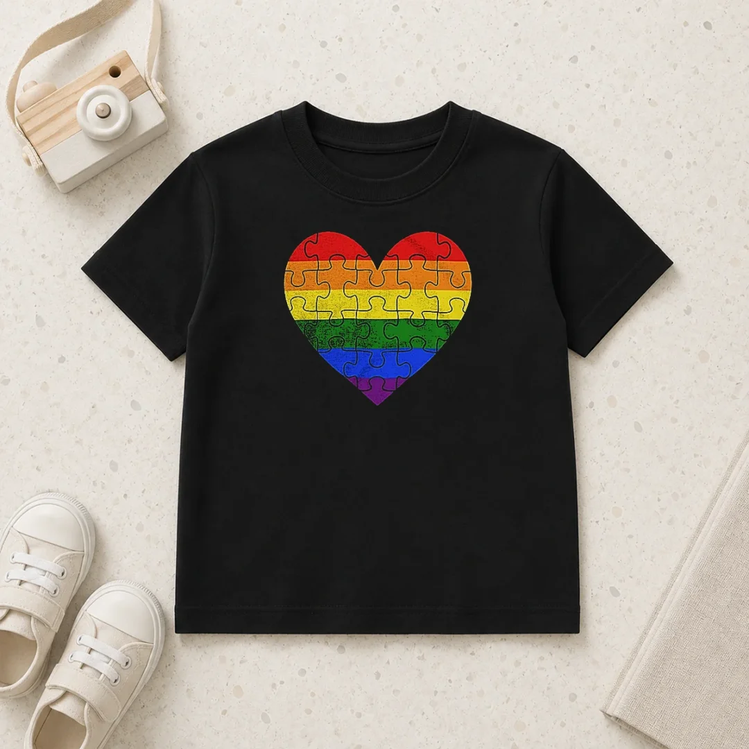 top-homosexual-love-rainbow-heart-puzzle-kids-t-shirt Top Homosexual Love Rainbow Heart Puzzle Kids T Shirt featuring a colorful heart puzzle design on a comfortable kids' tee