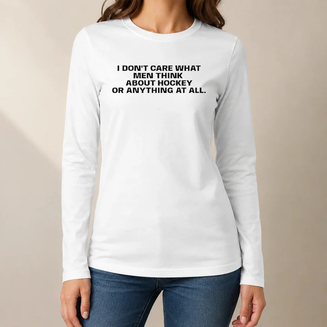 top-hot-i-do-not-care-what-men-think-about-hockey-or-anything-at-all-hockey-fan-long-sleeve-shirt Top Hot I Do Not Care What Men Think About Hockey Or Anything At All Hockey Fan long sleeve shirt in black with bold white and red text