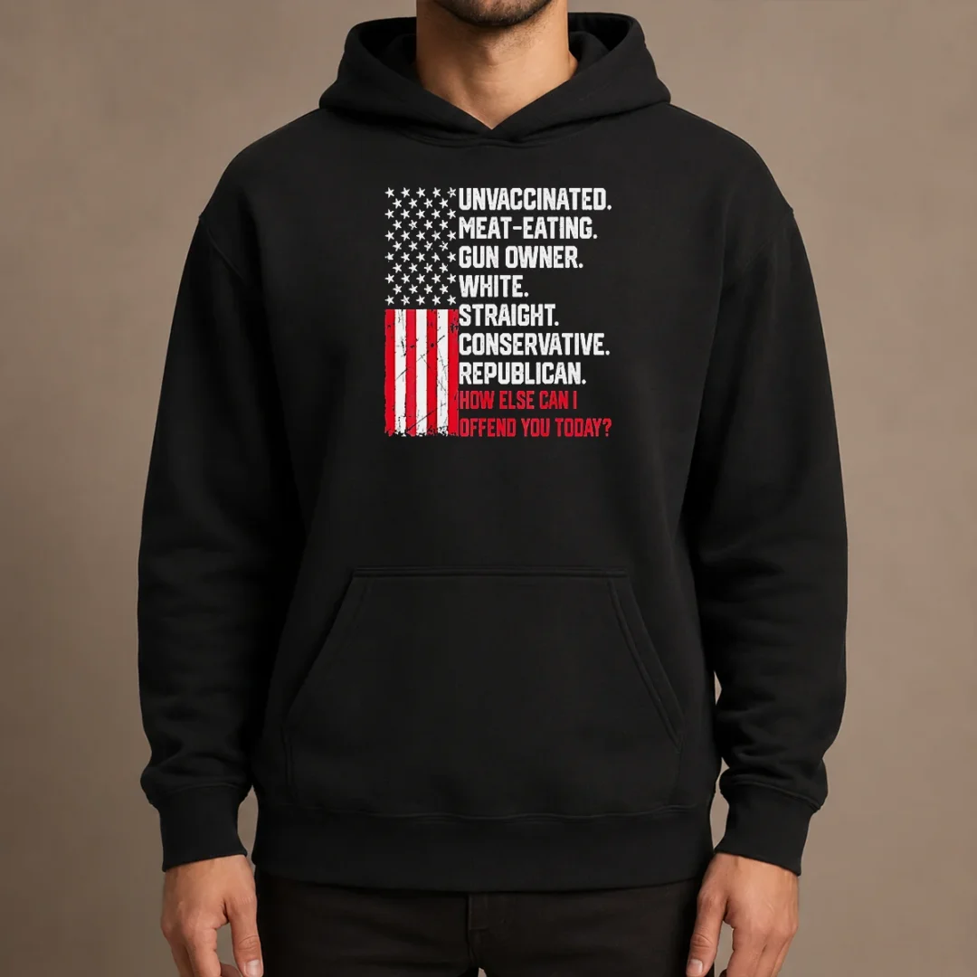 top-hot-unvaccinated-meat-eating-gun-owner-white-straight-conservative-republican-hoodie Top Hot Unvaccinated Meat Eating Gun Owner White Straight Conservative Republican Hoodie in black, front view with drawstring hood and kangaroo pocket